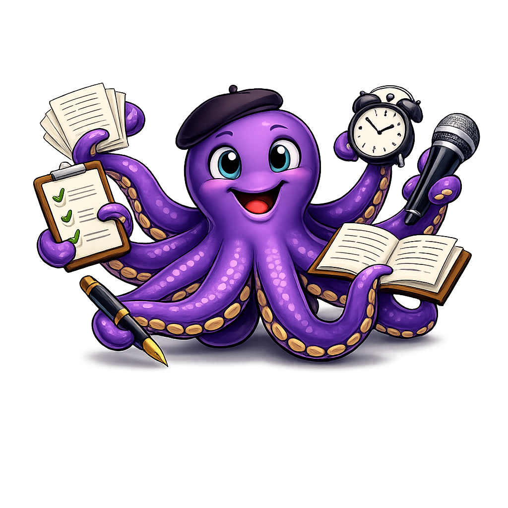 Inky the octopus mascot juggling submissions, manuscripts and speaking gigs